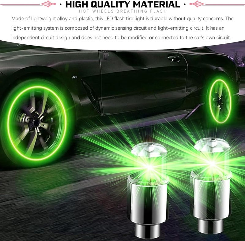 Fluher 6 PCS Car Tire Valve Light, Cool Modified Night Light Safety Shock Sensor Flash Light, Waterproof Tire Valve Stem LED Light Cap, Universal Wheel Decoration Accessory for Car Motorcycle (Green) - Image 3